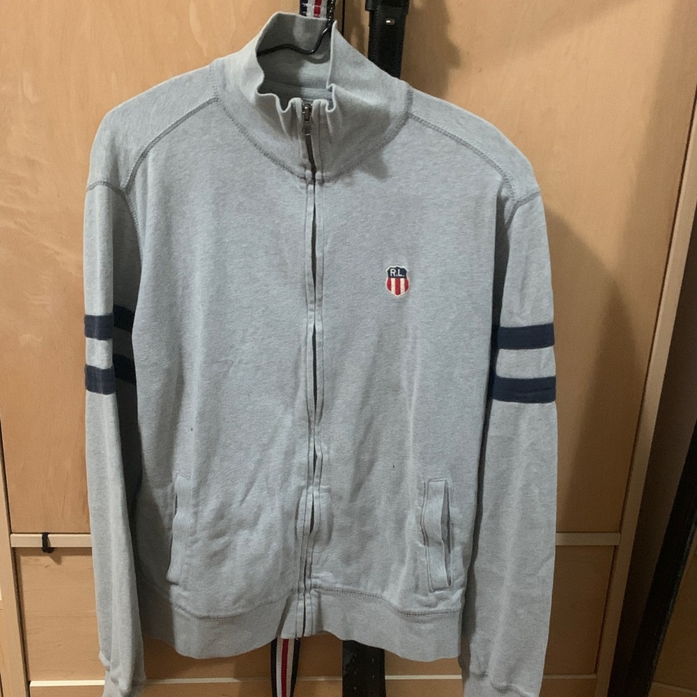 Ralph Lauren Gray Zip Up Sweater with Navy Stripes